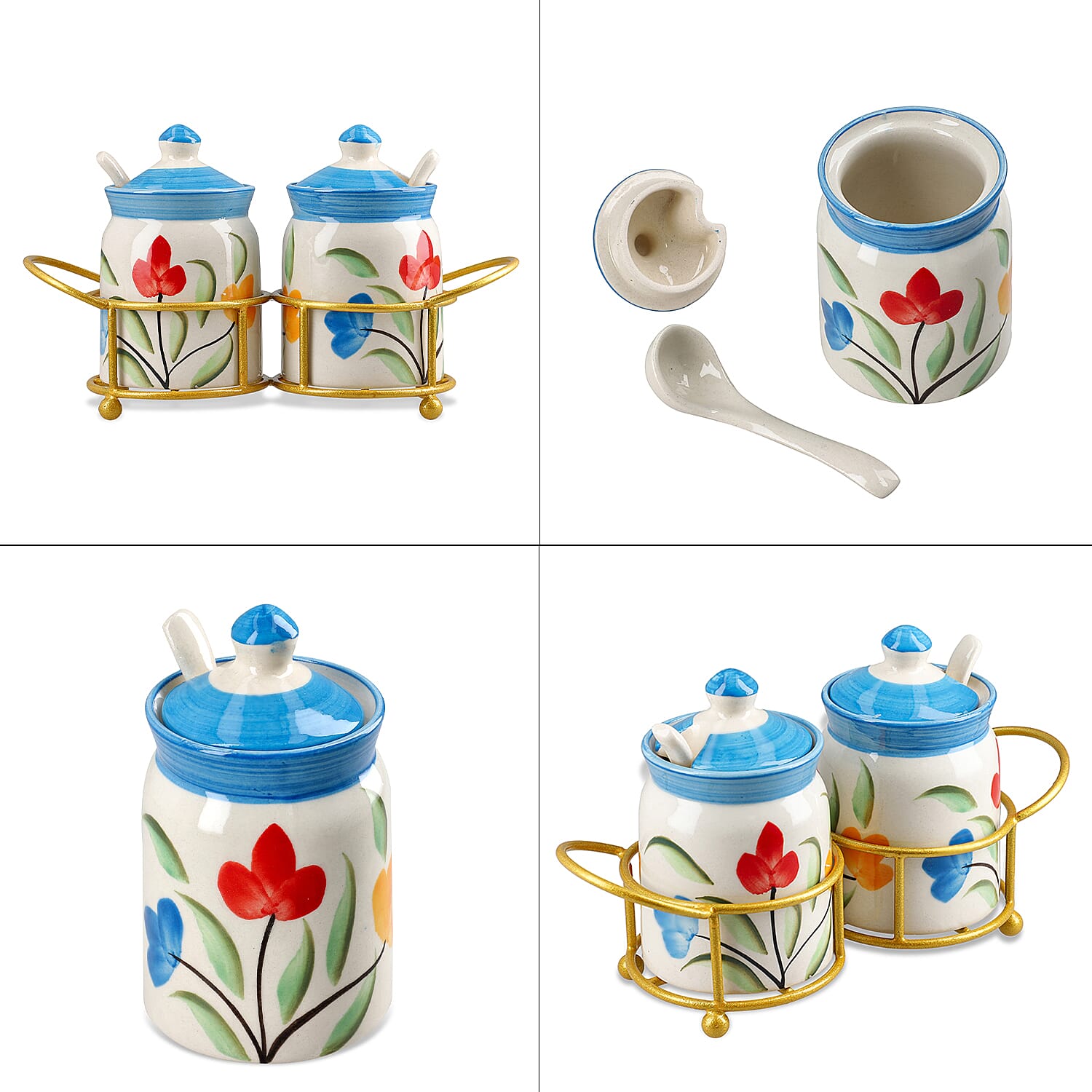 Set of 2 Ceramic Multi Handpainting Pickle Jar with Stand - Blue