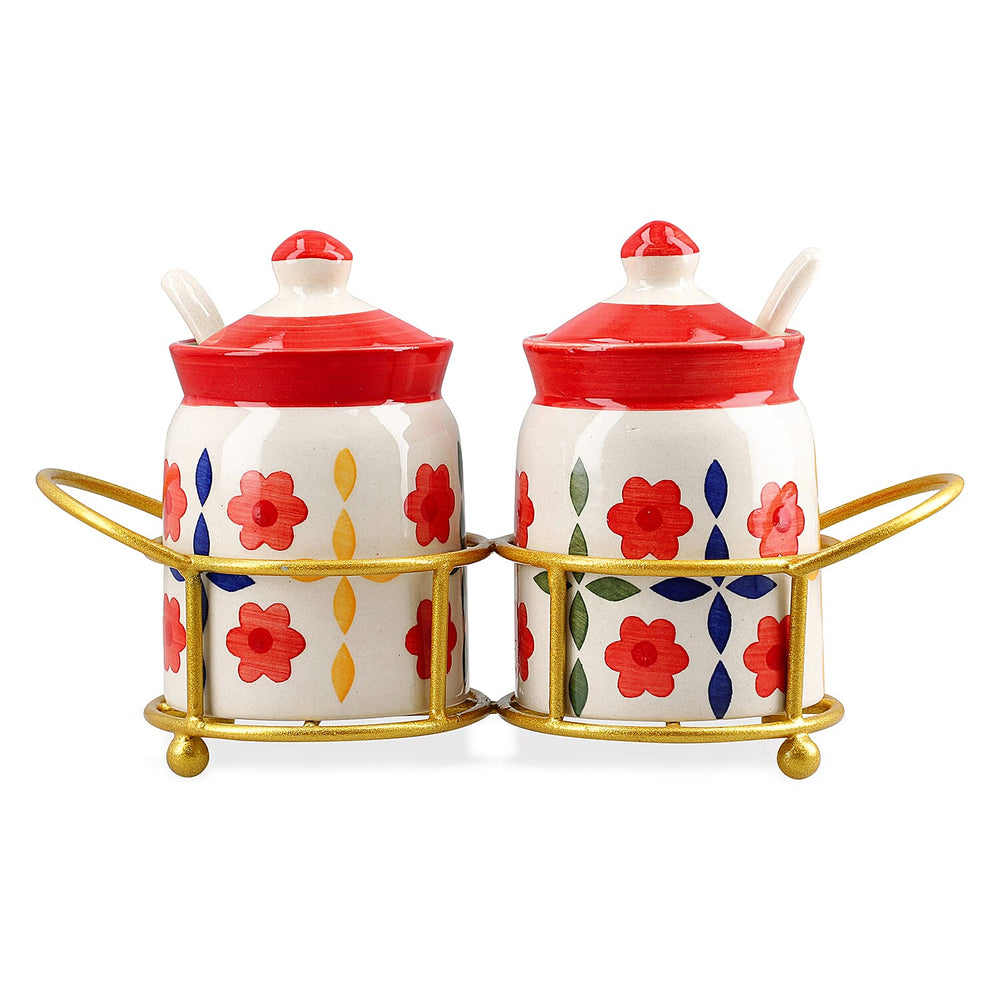 Set of 2 Ceramic Multi Handpainting Pickle Jar with Stand - Pink