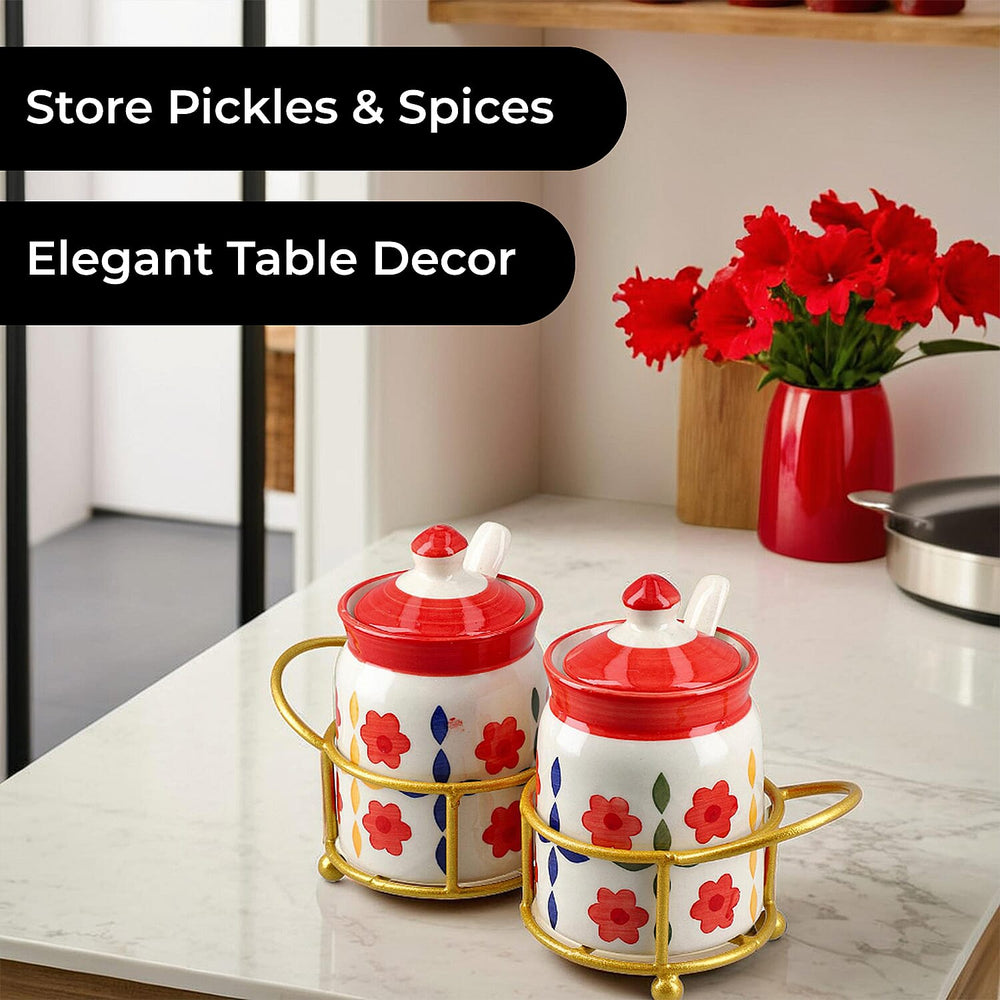 Set of 2 Ceramic Multi Handpainting Pickle Jar with Stand - Pink