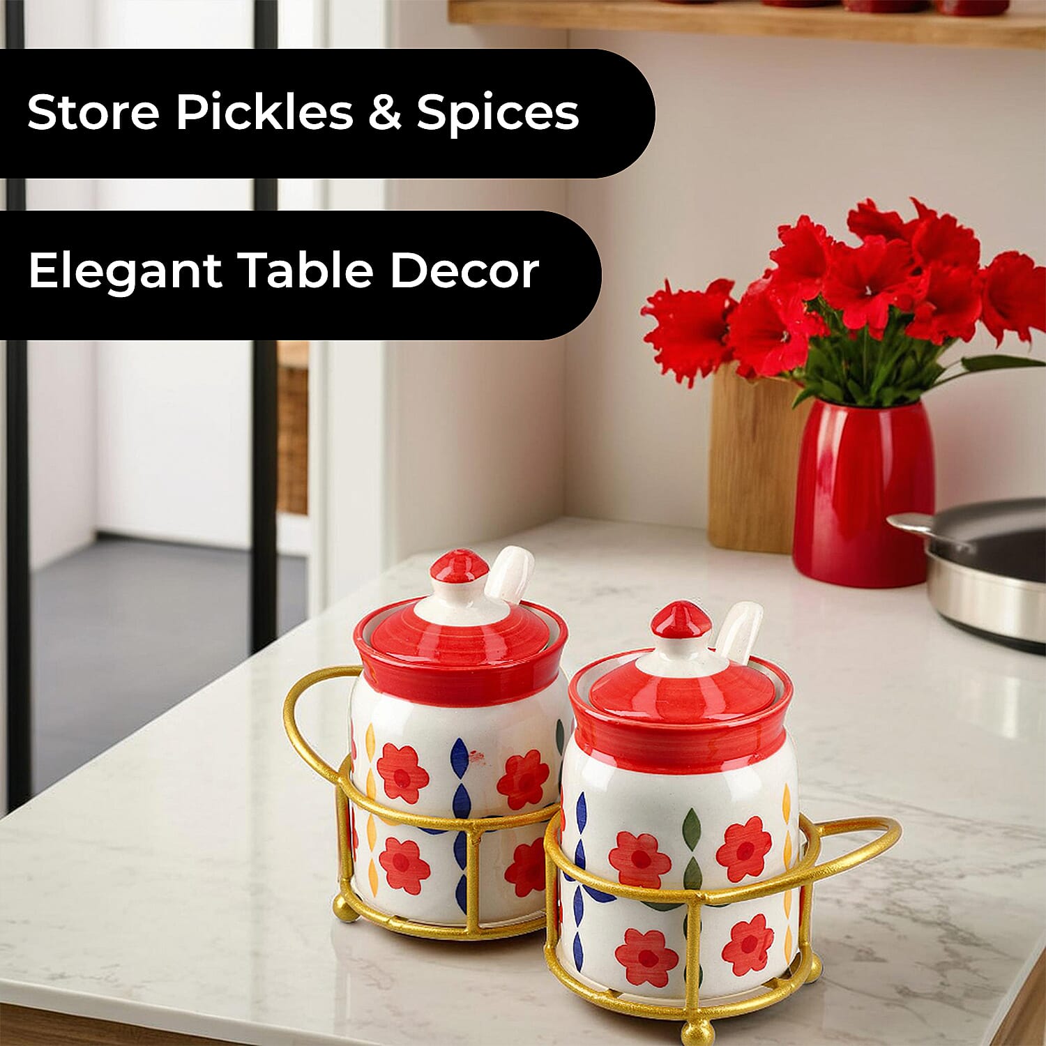 Set of 2 Ceramic Multi Handpainting Pickle Jar with Stand - Pink