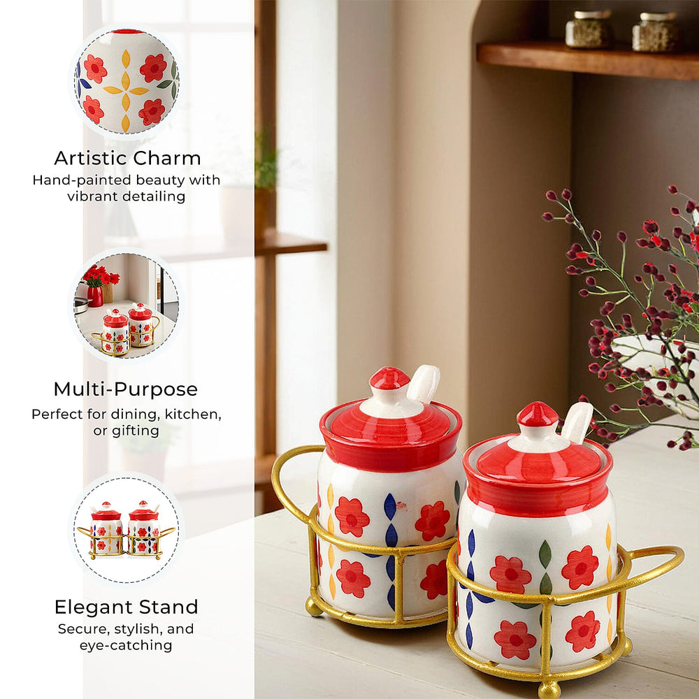 Set of 2 Ceramic Multi Handpainting Pickle Jar with Stand - Pink