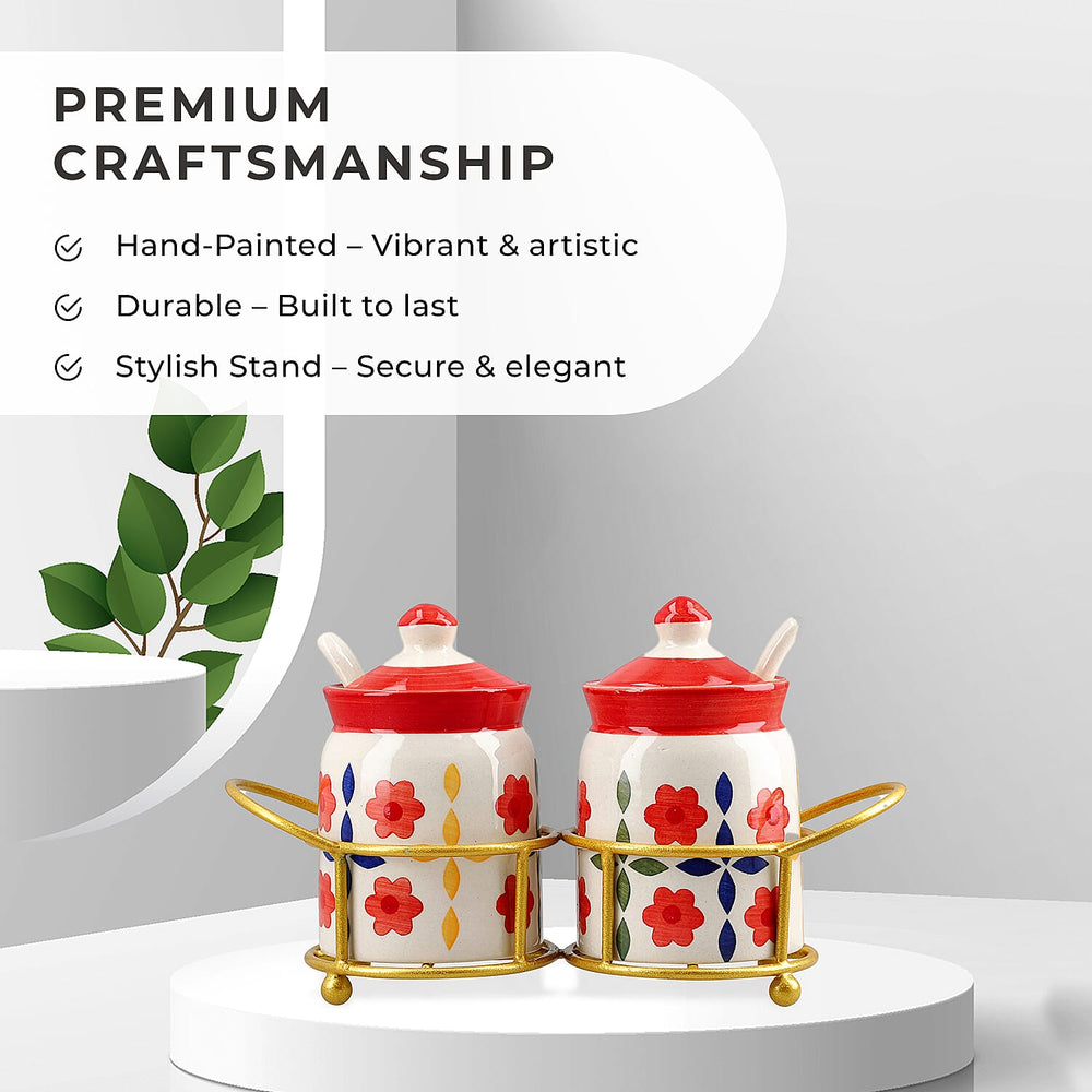 Set of 2 Ceramic Multi Handpainting Pickle Jar with Stand - Pink