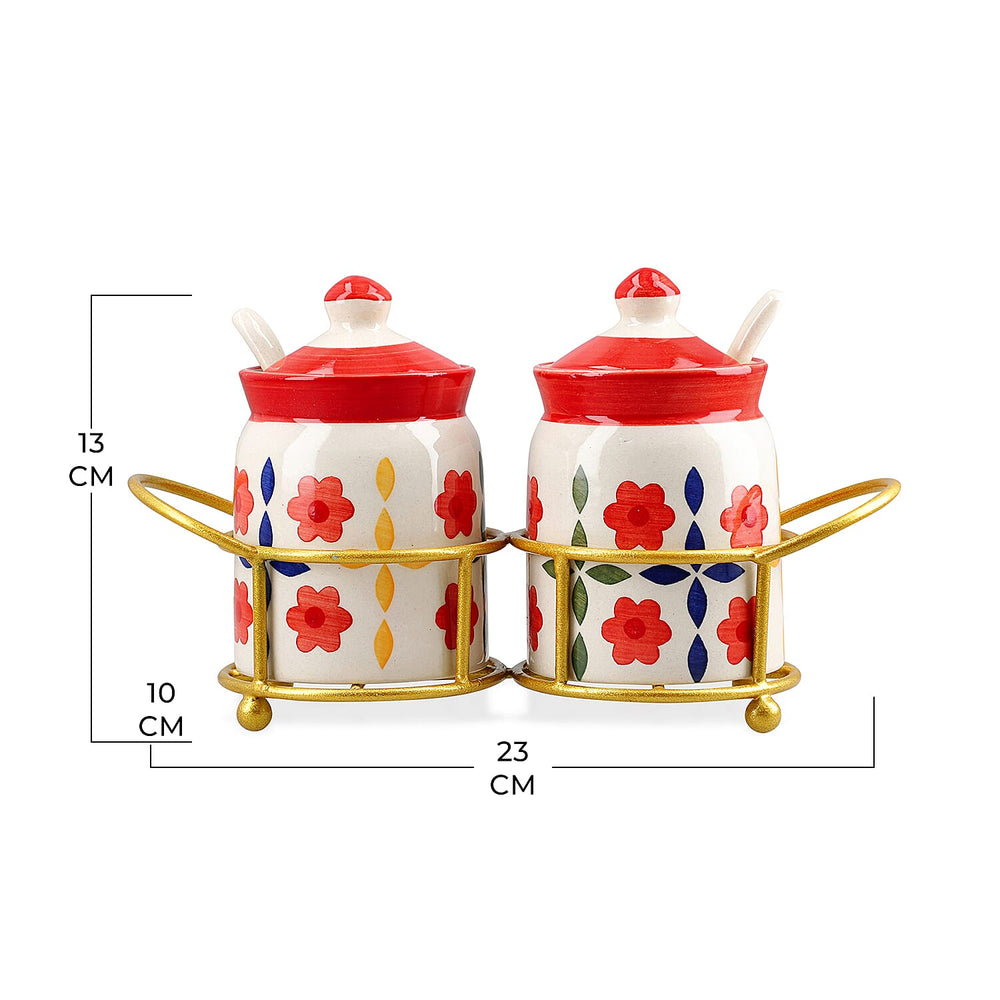 Set of 2 Ceramic Multi Handpainting Pickle Jar with Stand - Pink