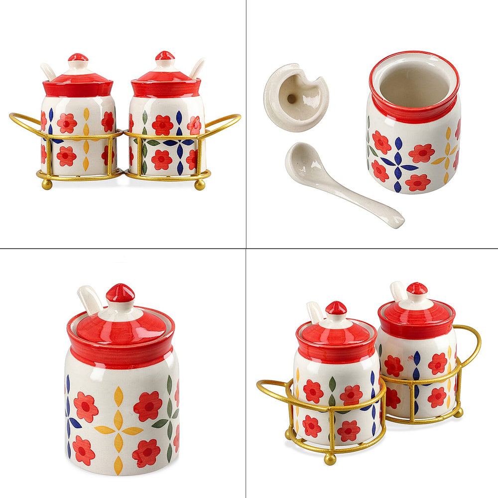 Set of 2 Ceramic Multi Handpainting Pickle Jar with Stand - Pink