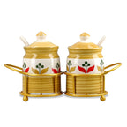 Set of 2 Ceramic Multi Handpainting Pickle Jar with Stand - Yellow