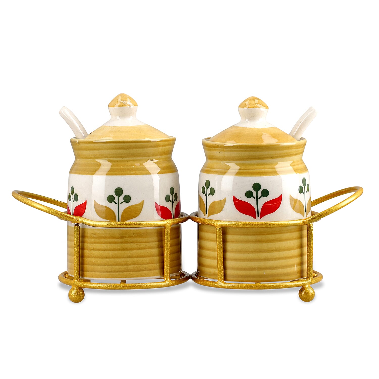 Set of 2 Ceramic Multi Handpainting Pickle Jar with Stand - Yellow
