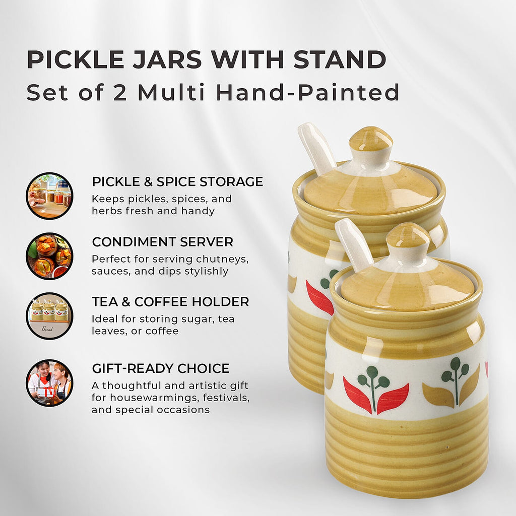 Set of 2 Ceramic Multi Handpainting Pickle Jar with Stand - Yellow