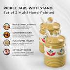 Set of 2 Ceramic Multi Handpainting Pickle Jar with Stand - Yellow