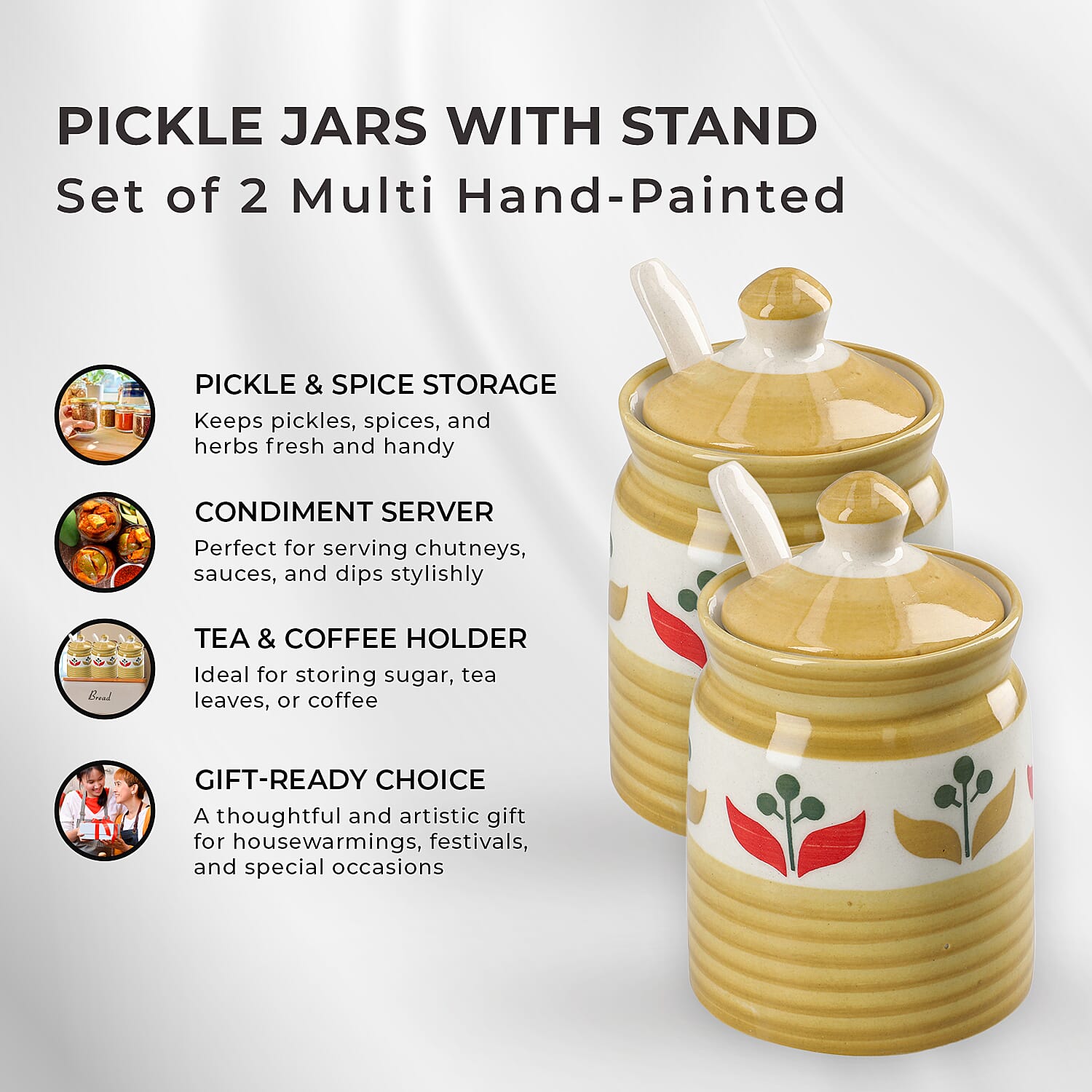Set of 2 Ceramic Multi Handpainting Pickle Jar with Stand - Yellow