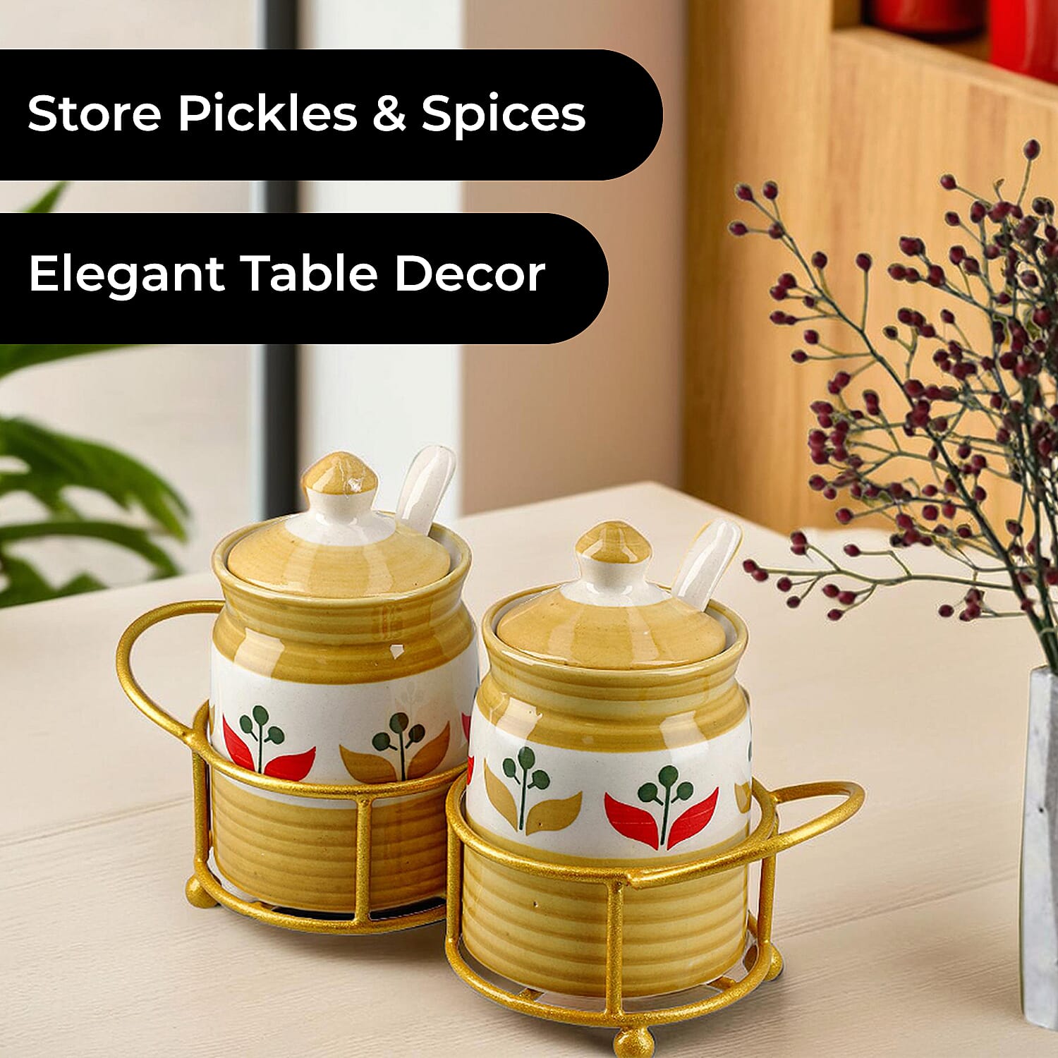 Set of 2 Ceramic Multi Handpainting Pickle Jar with Stand - Yellow