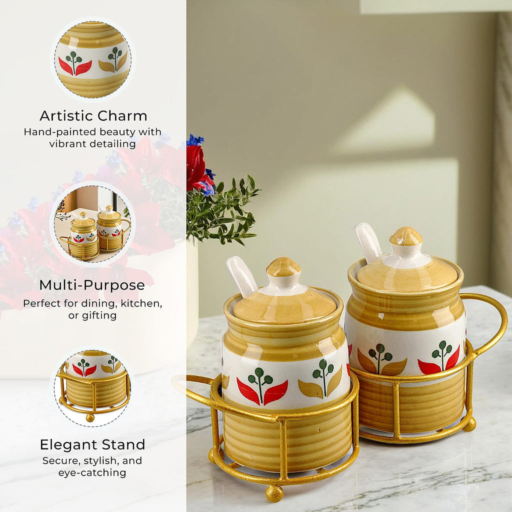 Set of 2 Ceramic Multi Handpainting Pickle Jar with Stand - Yellow