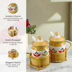 Set of 2 Ceramic Multi Handpainting Pickle Jar with Stand - Yellow