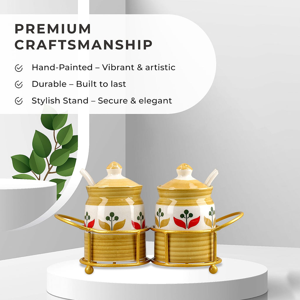 Set of 2 Ceramic Multi Handpainting Pickle Jar with Stand - Yellow