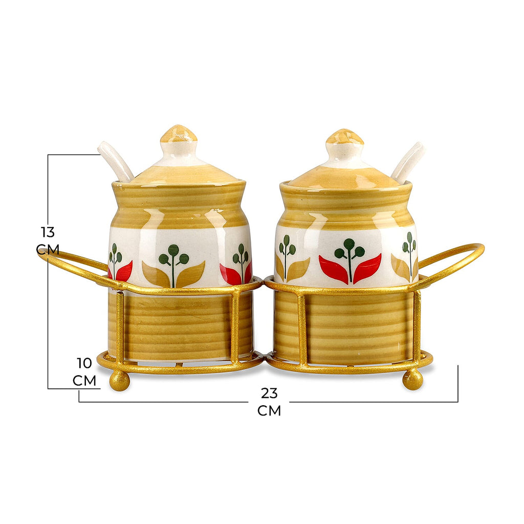 Set of 2 Ceramic Multi Handpainting Pickle Jar with Stand - Yellow