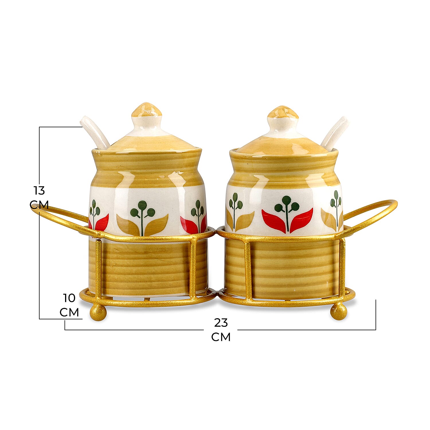 Set of 2 Ceramic Multi Handpainting Pickle Jar with Stand - Yellow