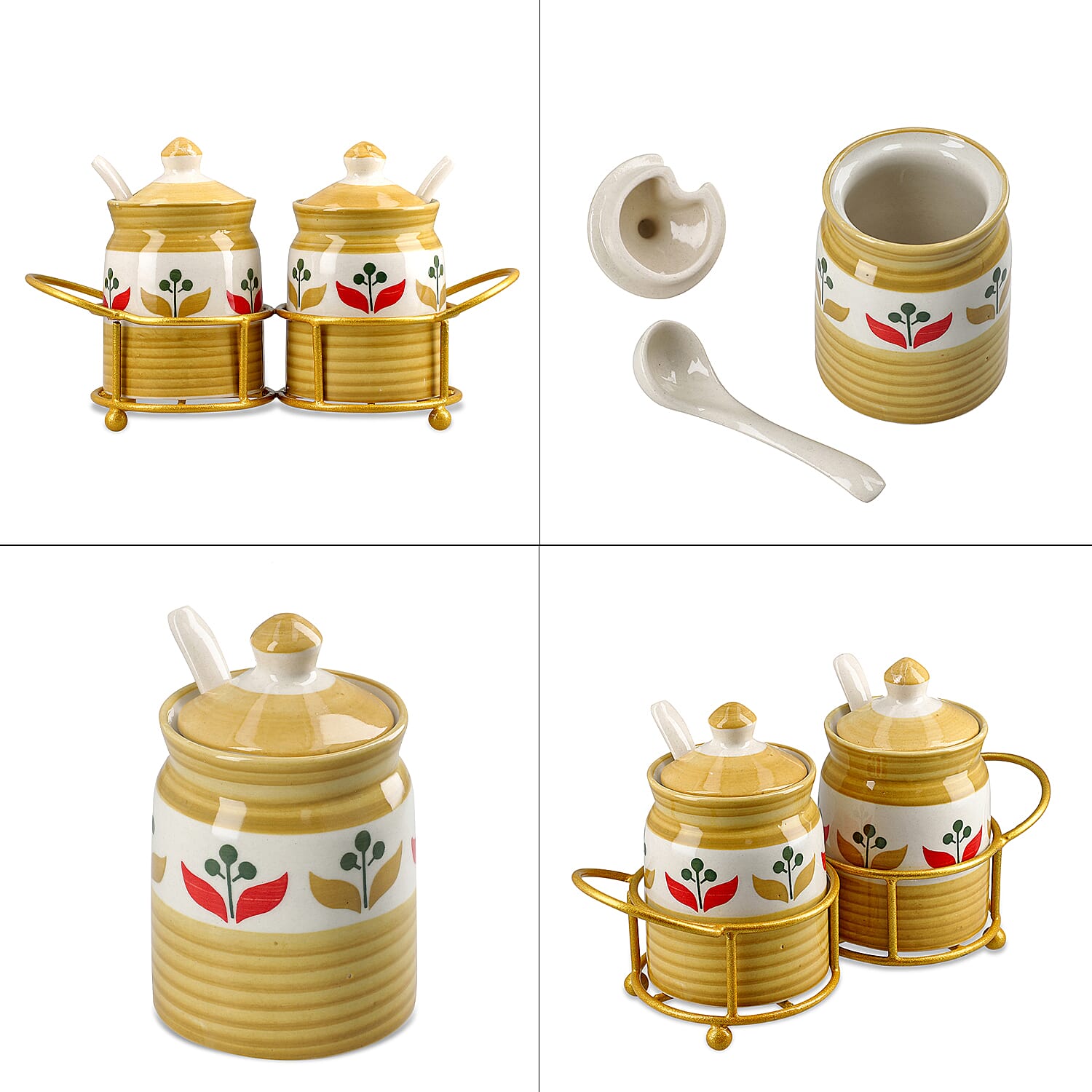 Set of 2 Ceramic Multi Handpainting Pickle Jar with Stand - Yellow