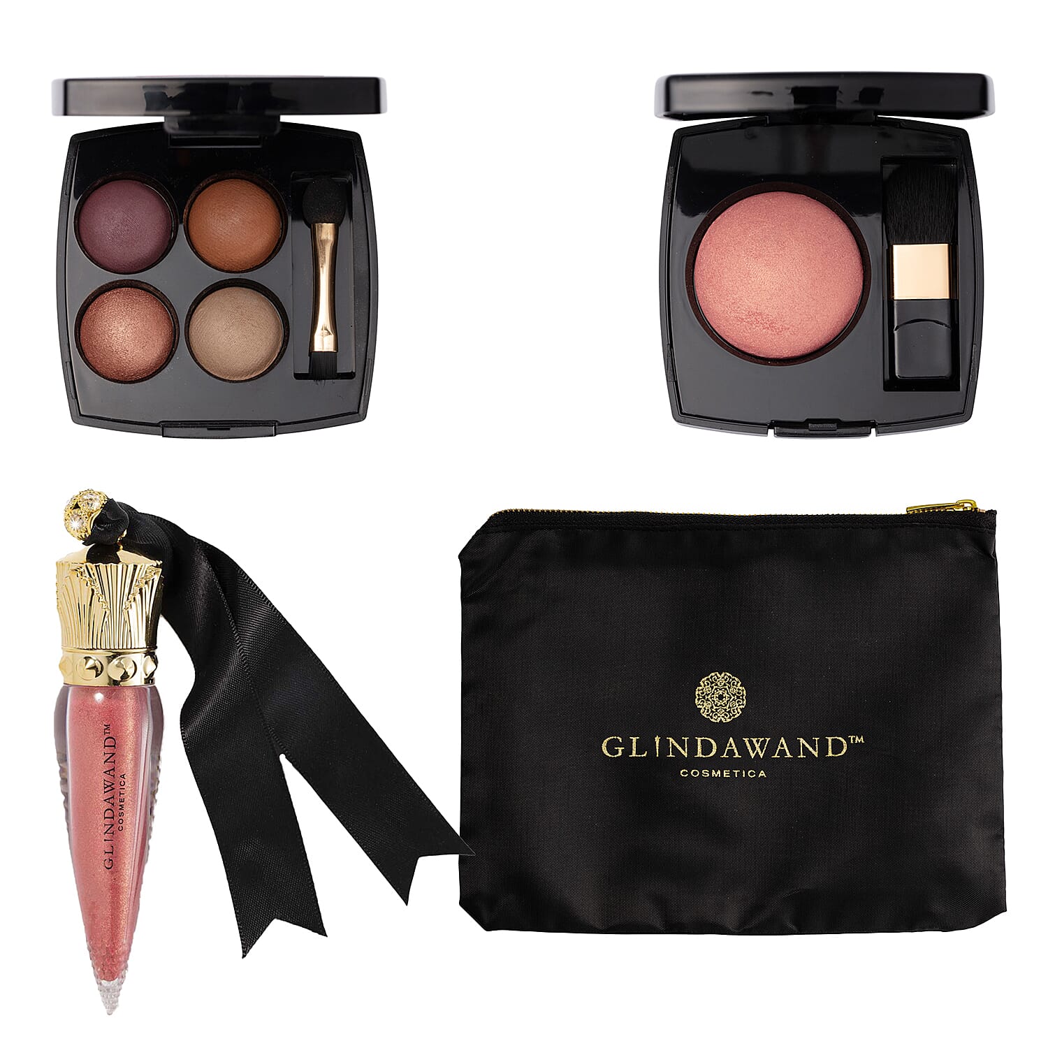 GlindaWand No Makeup Makeup - Look 1 (1 x Magenta Eye Palette, 1 x Ophelia Cheek Palette, 1 x Kindness Lipgloss - 1 x GlindaWand Makeup Bag)