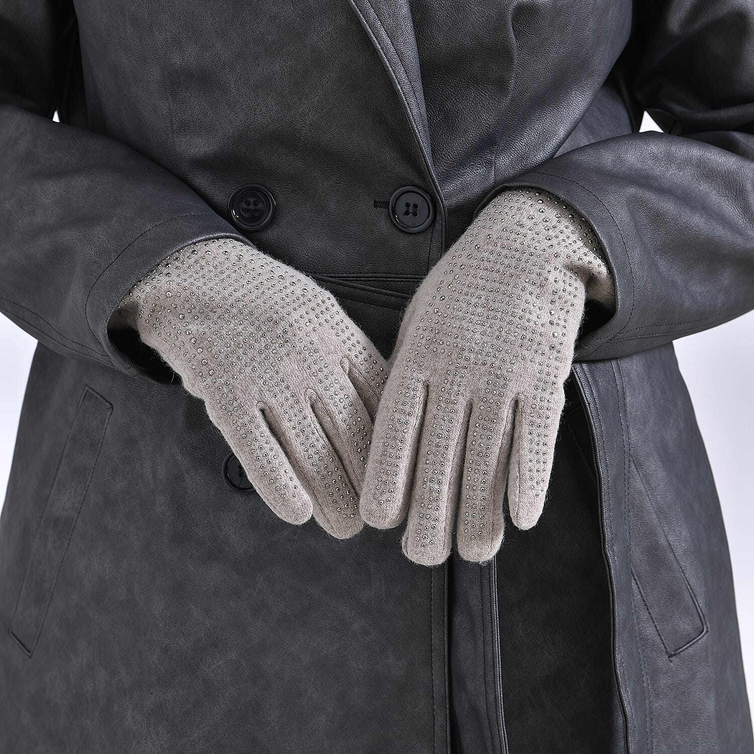 Cashmere Gloves with Rhinestone -Beige