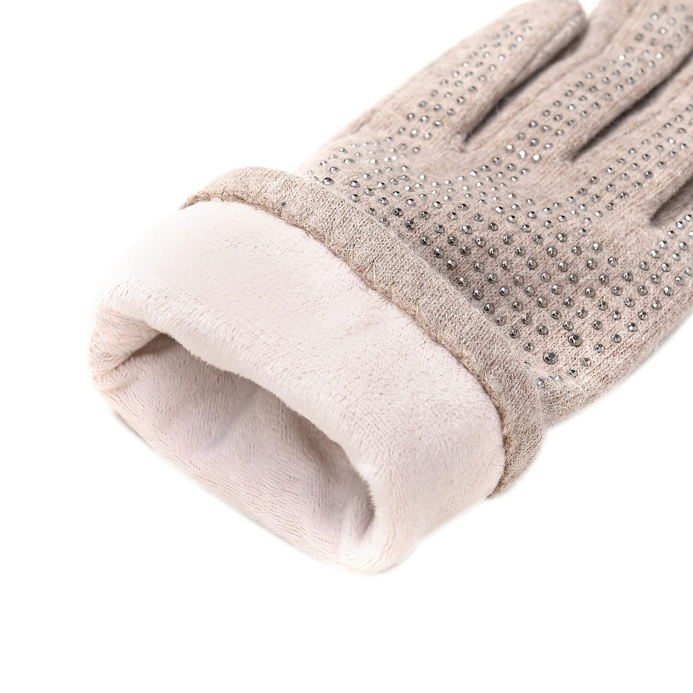 Cashmere Gloves with Rhinestone -Beige