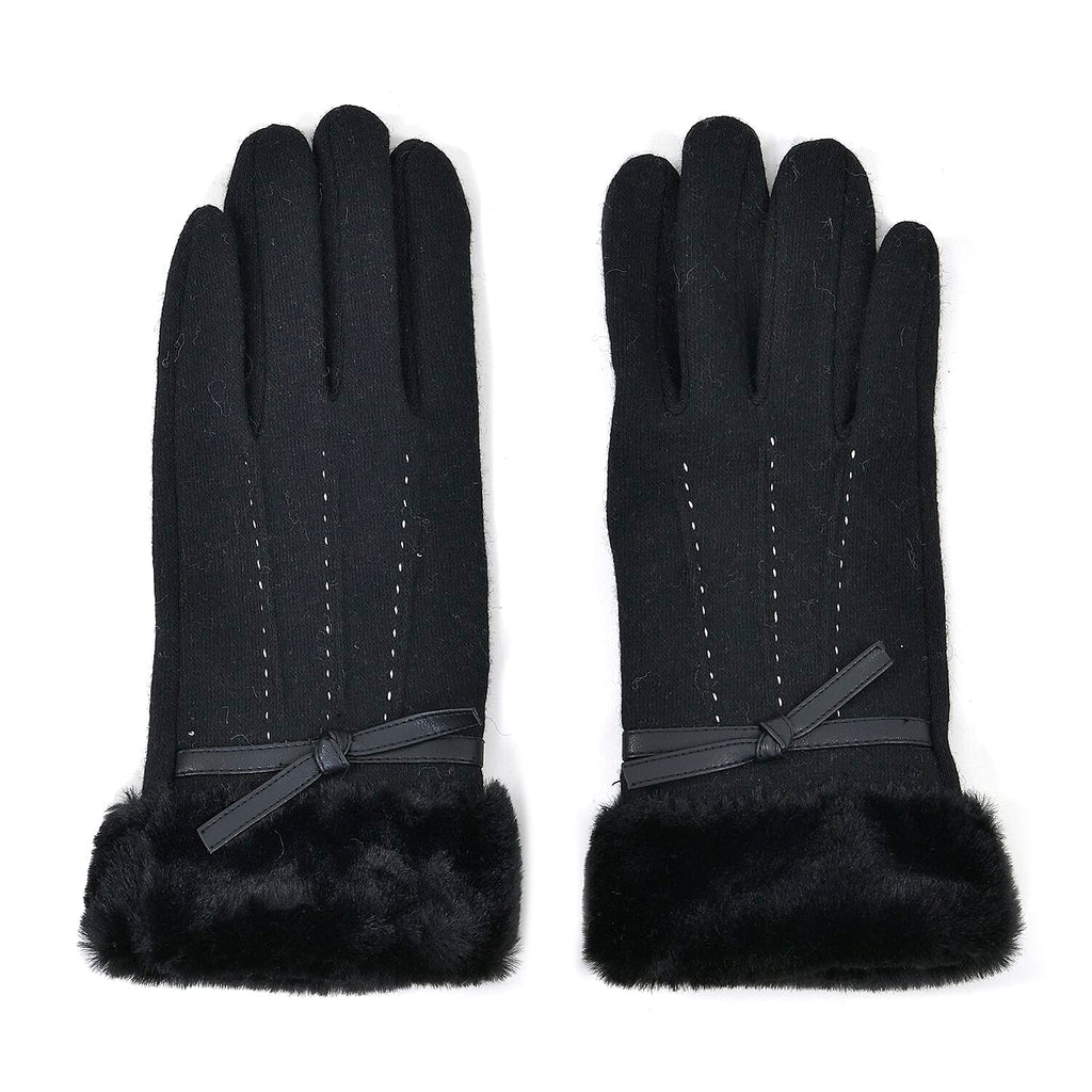 Luxurious 70% Cashmere Gloves with Faux Fur Trim- Black