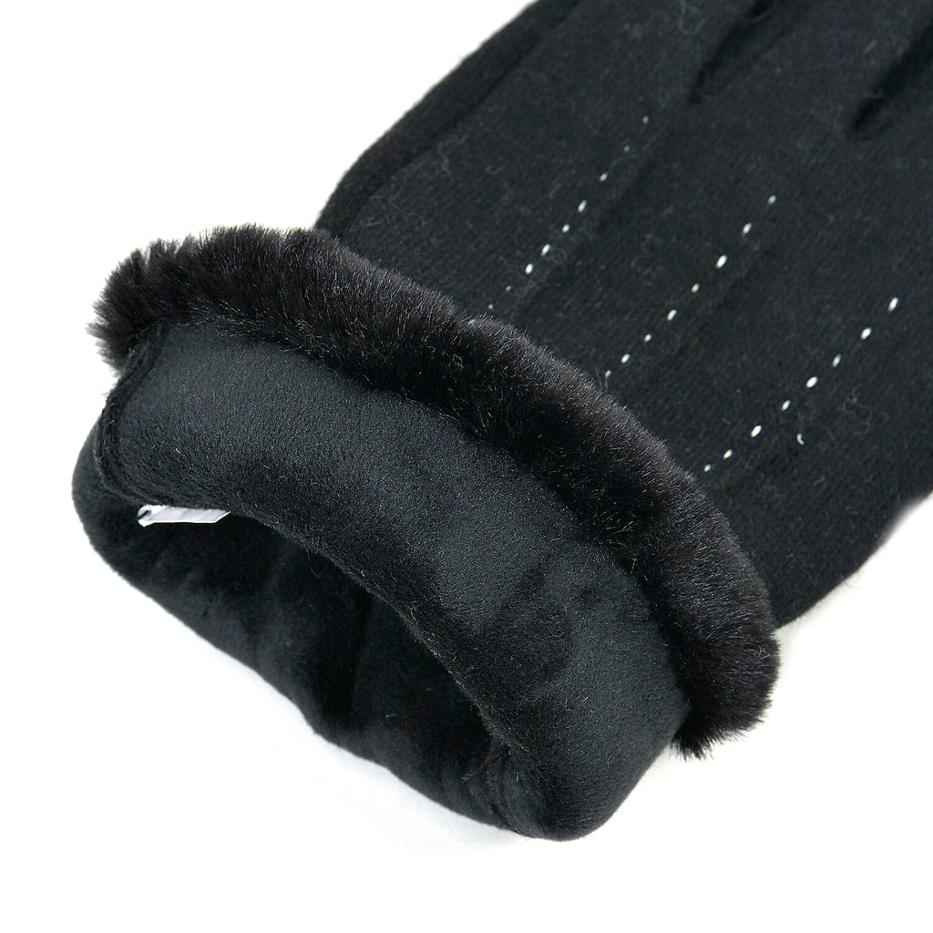 Luxurious 70% Cashmere Gloves with Faux Fur Trim- Black