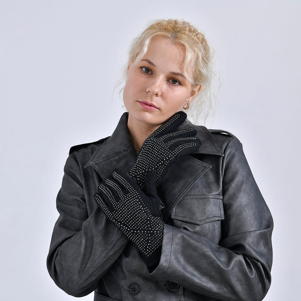 Cashmere Gloves with Rhinestone -Black