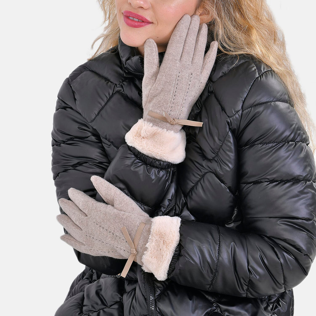 Luxurious 70% Cashmere Gloves with Faux Fur Trim- Khaki
