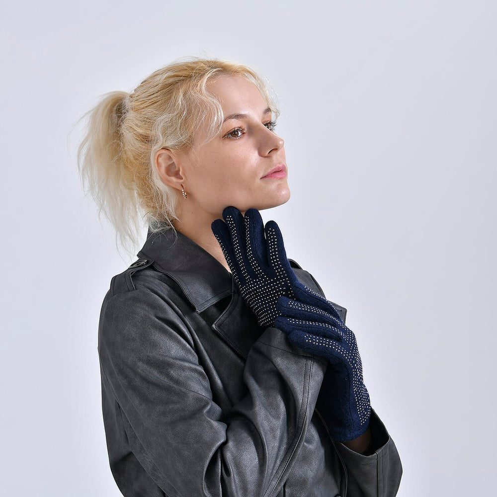 Cashmere Gloves with Rhinestone - Navy
