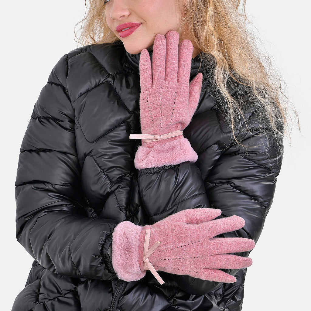 Luxurious 70% Cashmere Gloves with Faux Fur Trim - Pink