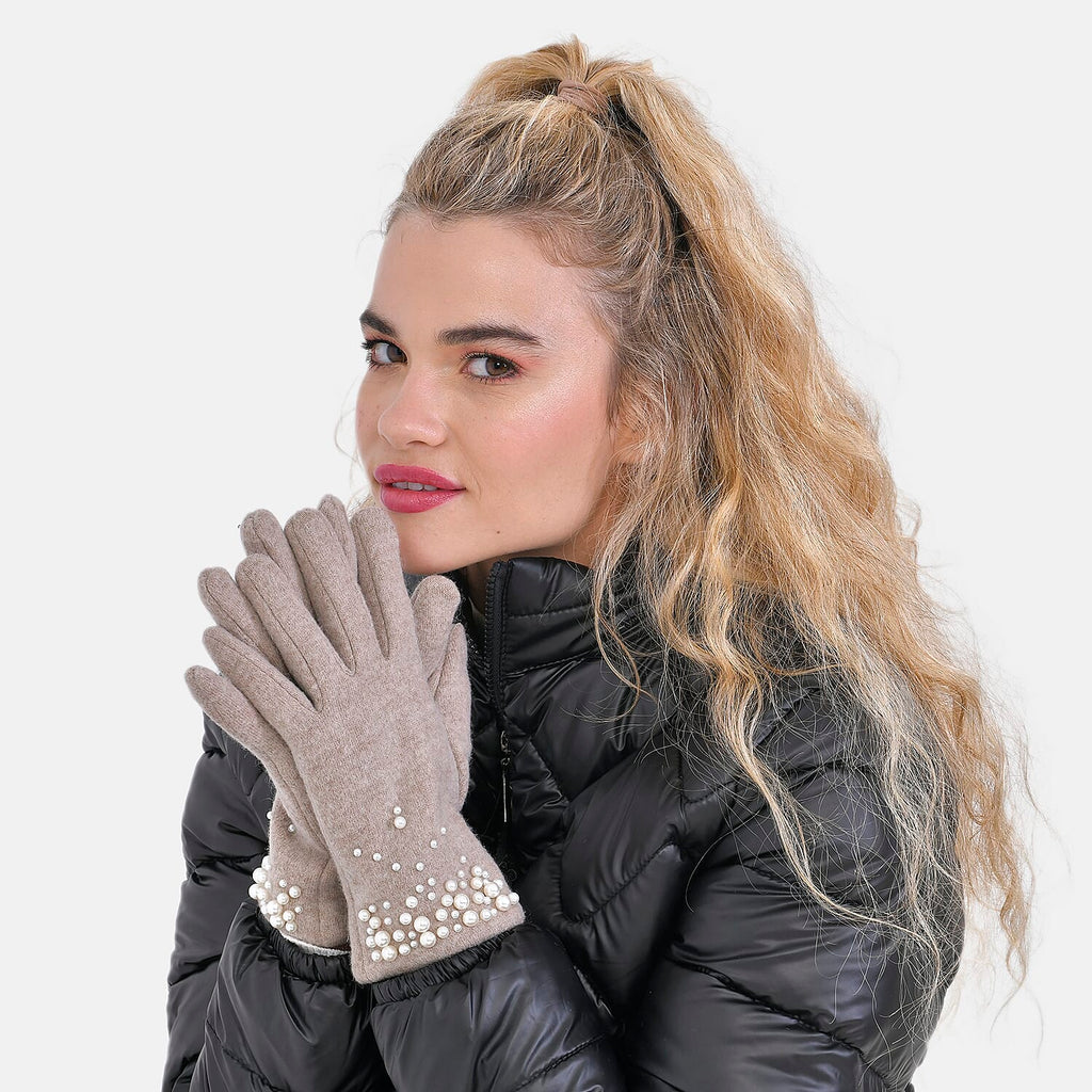 Winter Must-Have - Cashmere Touch Screen Beaded Gloves - Beige