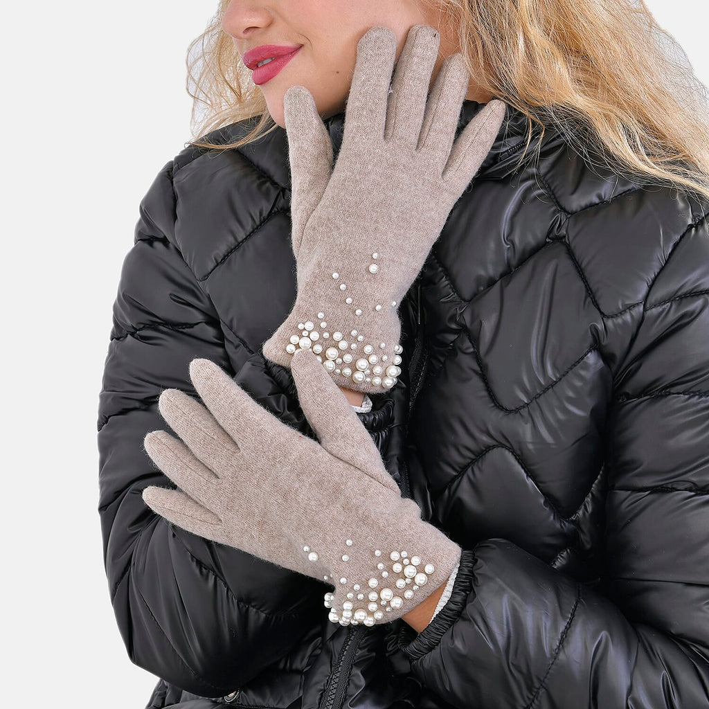 Winter Must-Have - Cashmere Touch Screen Beaded Gloves - Beige