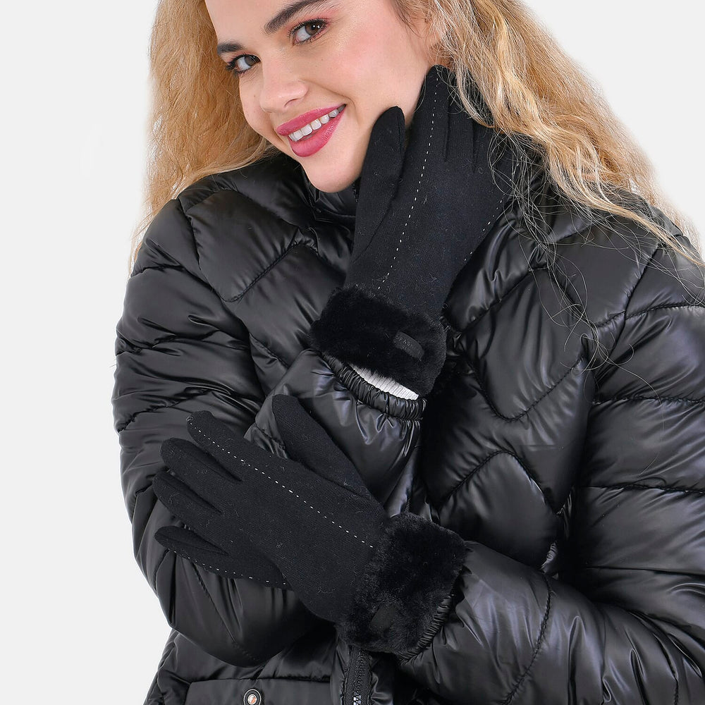 LUXURY GIFT MEGA OFFER- Cashmere Double Layer Gloves with Warm Fleece Interior & Faux Fur Trim (Touch Screen Usable)- Black