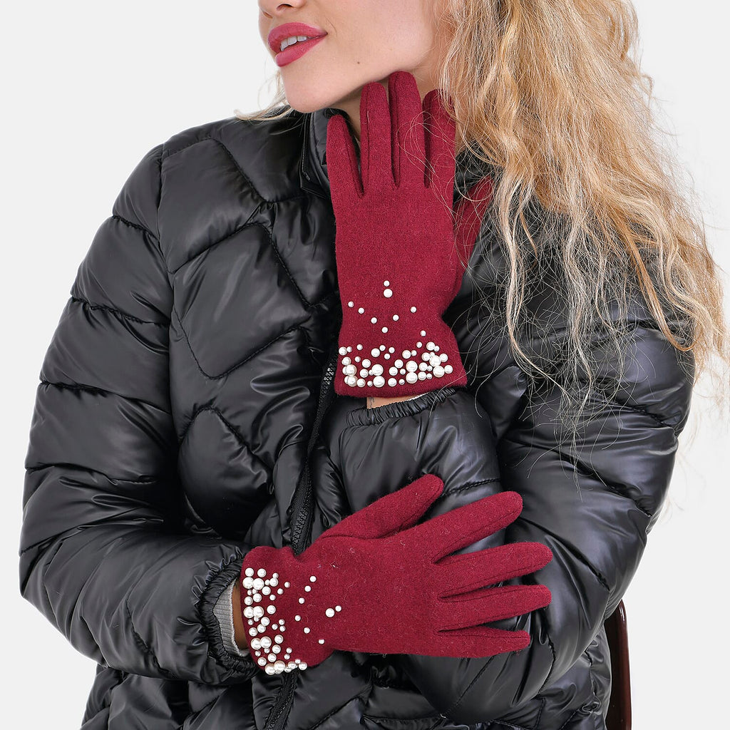 Winter Must-Have - Cashmere Touch Screen Beaded Gloves - Burgundy