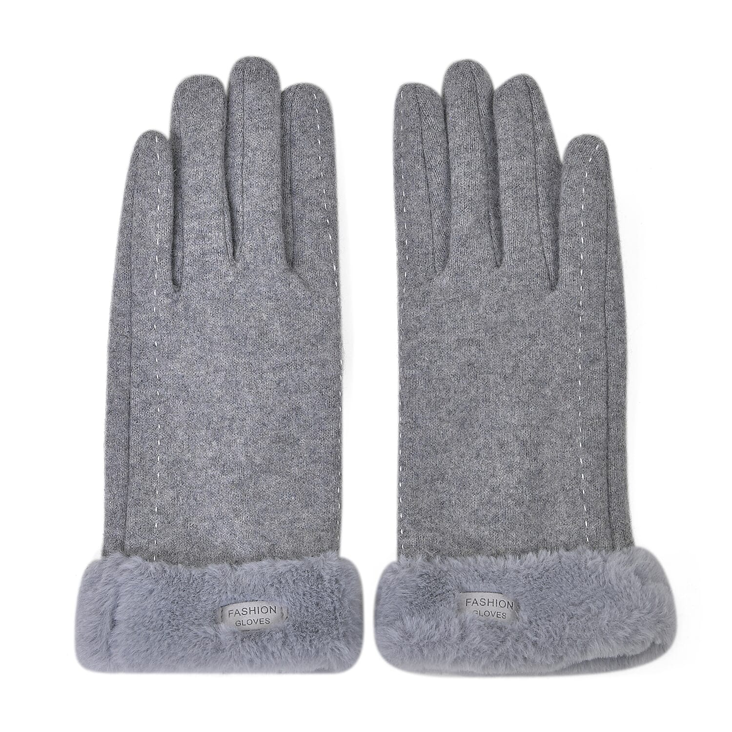 Cashmere Double Layer Gloves with Warm Fleece Interior & Faux Fur Trim (Touch Screen Usable)- Grey