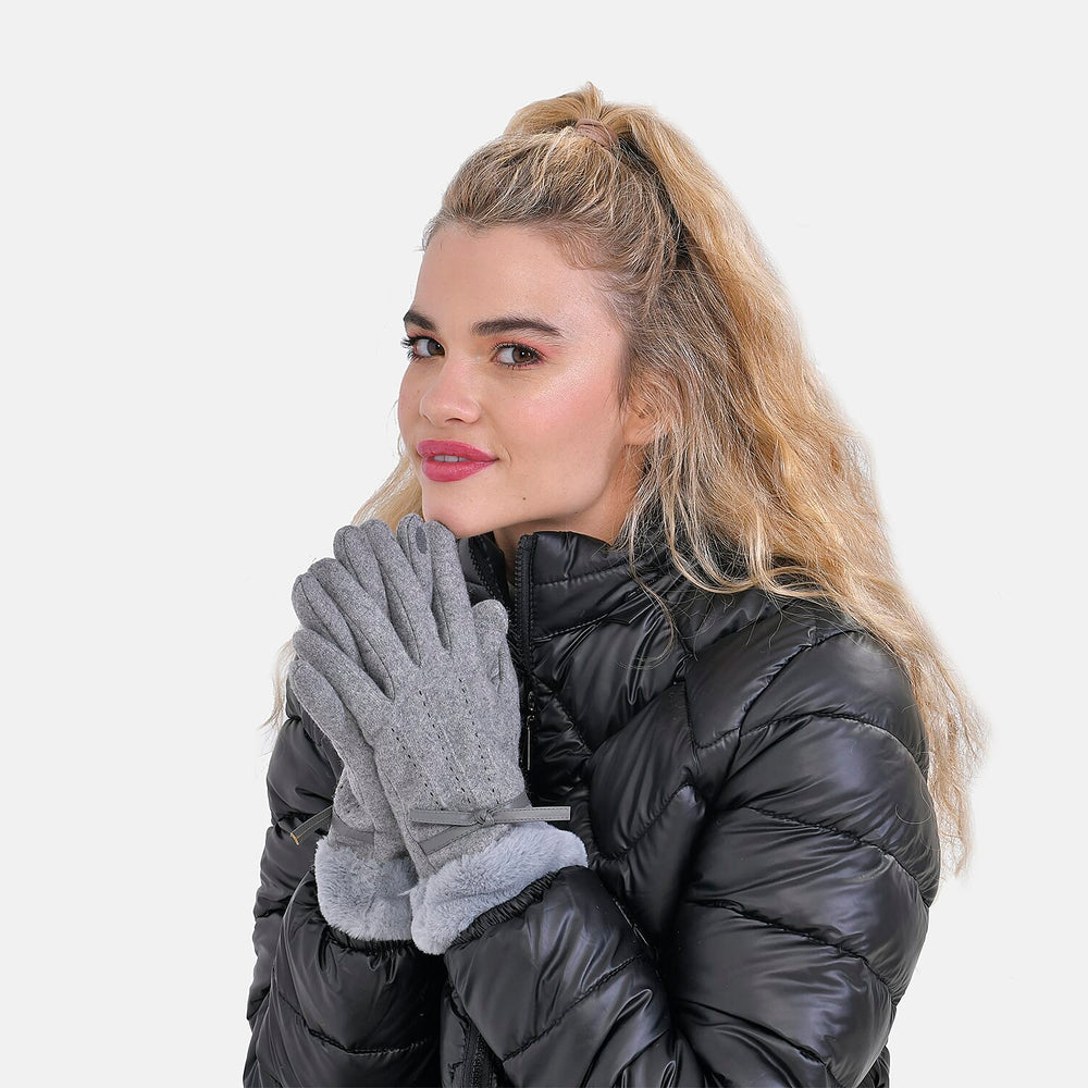 Cashmere Double Layer Gloves with Warm Fleece Interior & Faux Fur Trim (Touch Screen Usable)- Grey