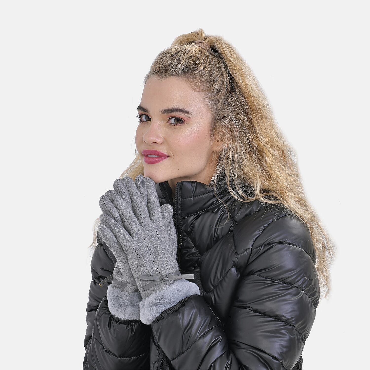 Cashmere Double Layer Gloves with Warm Fleece Interior & Faux Fur Trim (Touch Screen Usable)- Grey