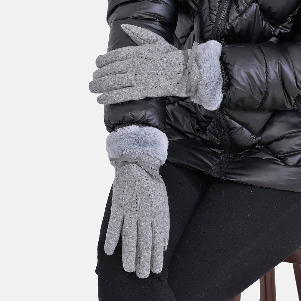 Cashmere Double Layer Gloves with Warm Fleece Interior & Faux Fur Trim (Touch Screen Usable)- Grey