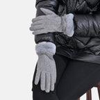 Cashmere Double Layer Gloves with Warm Fleece Interior & Faux Fur Trim (Touch Screen Usable)- Grey