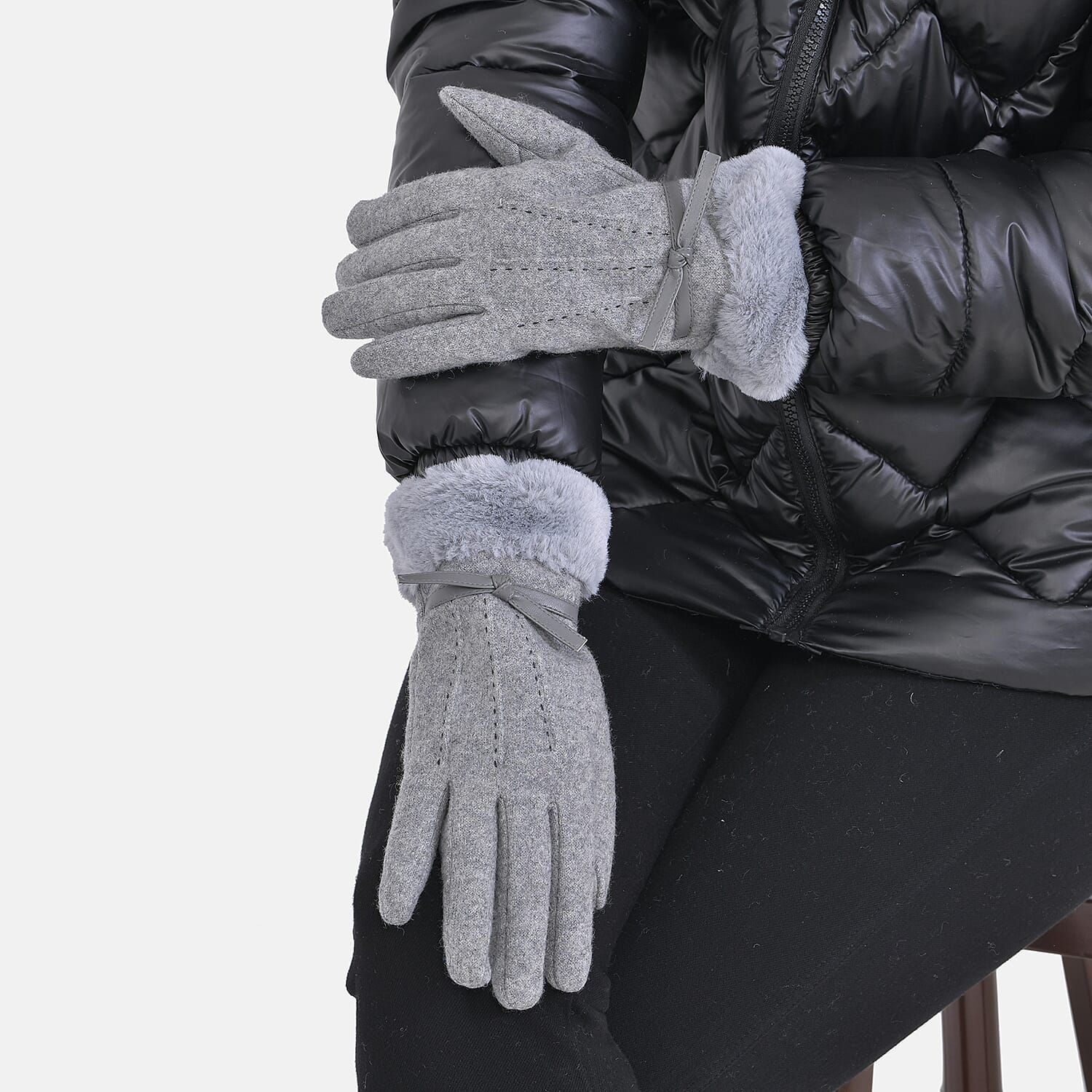 Cashmere Double Layer Gloves with Warm Fleece Interior & Faux Fur Trim (Touch Screen Usable)- Grey