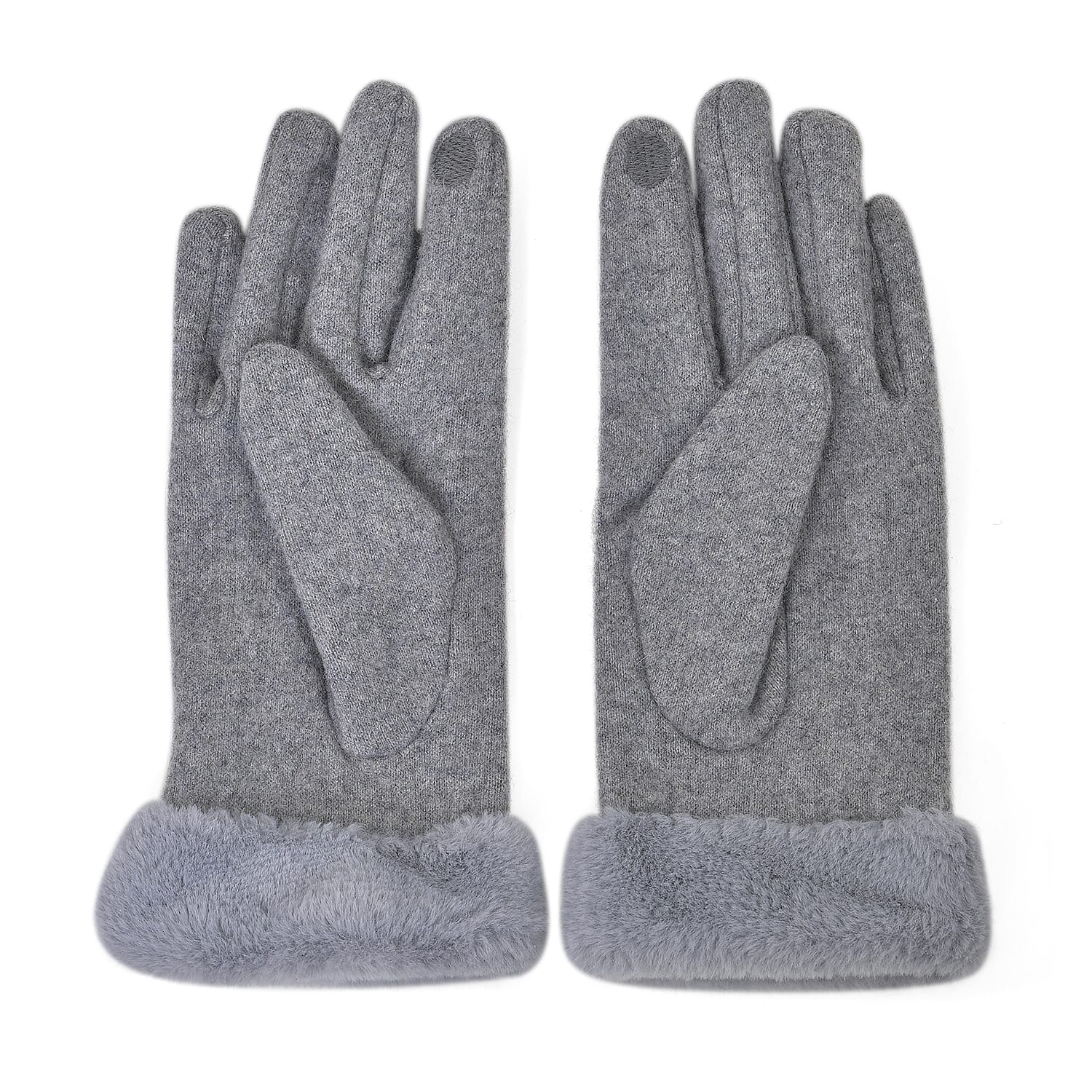 Cashmere Double Layer Gloves with Warm Fleece Interior & Faux Fur Trim (Touch Screen Usable)- Grey