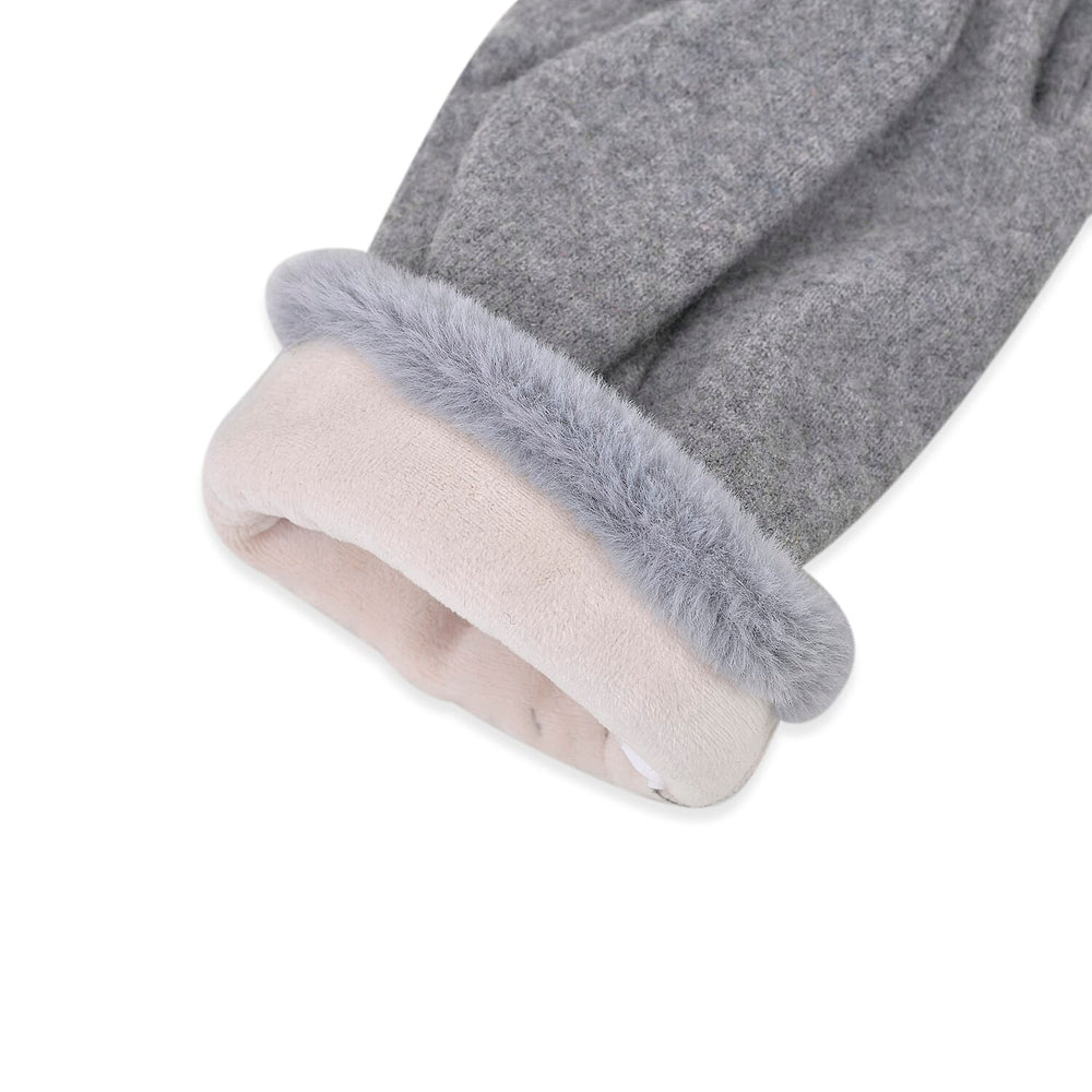Cashmere Double Layer Gloves with Warm Fleece Interior & Faux Fur Trim (Touch Screen Usable)- Grey
