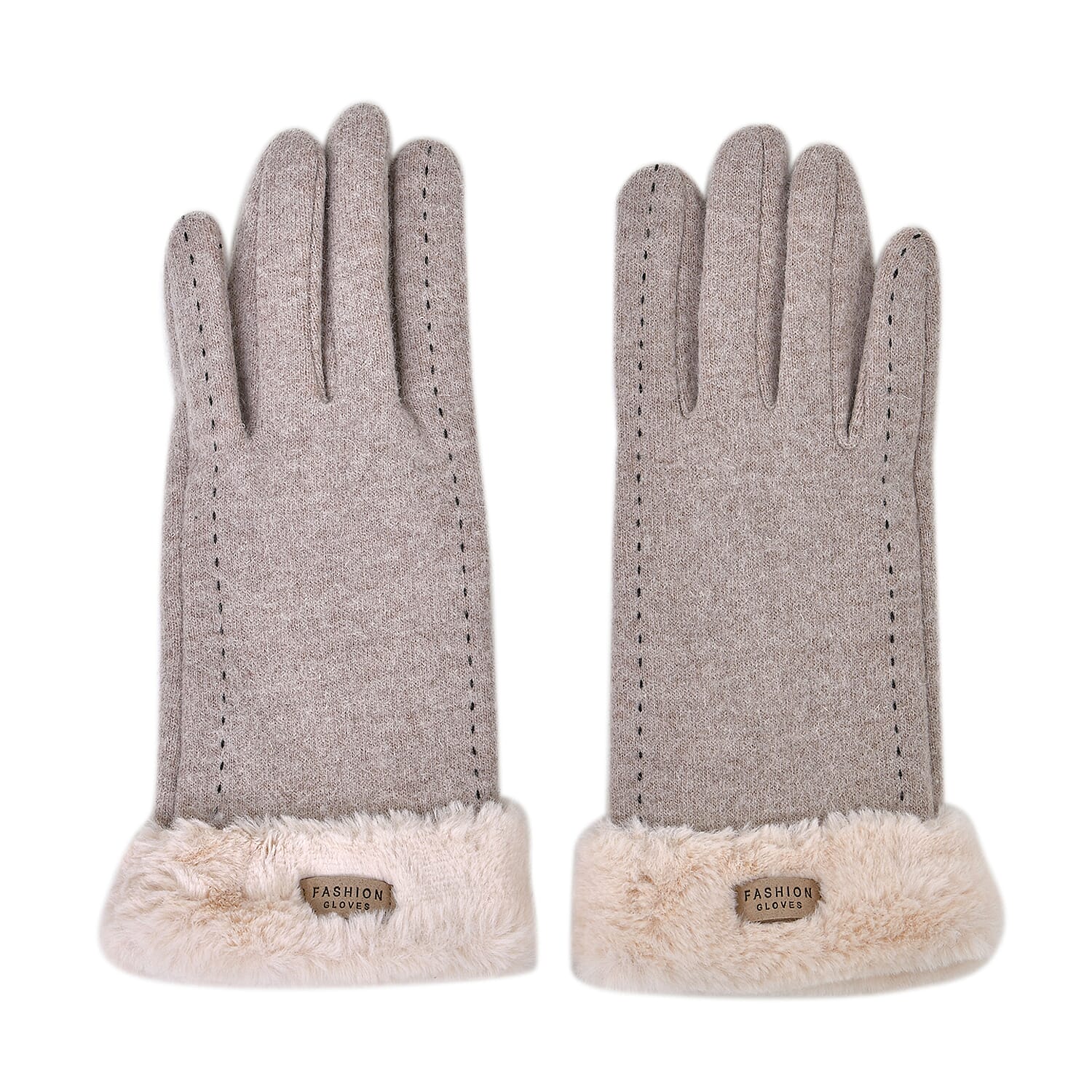 Cashmere Double Layer Gloves with Warm Fleece Interior & Faux Fur Trim (Touch Screen Usable)- Beige