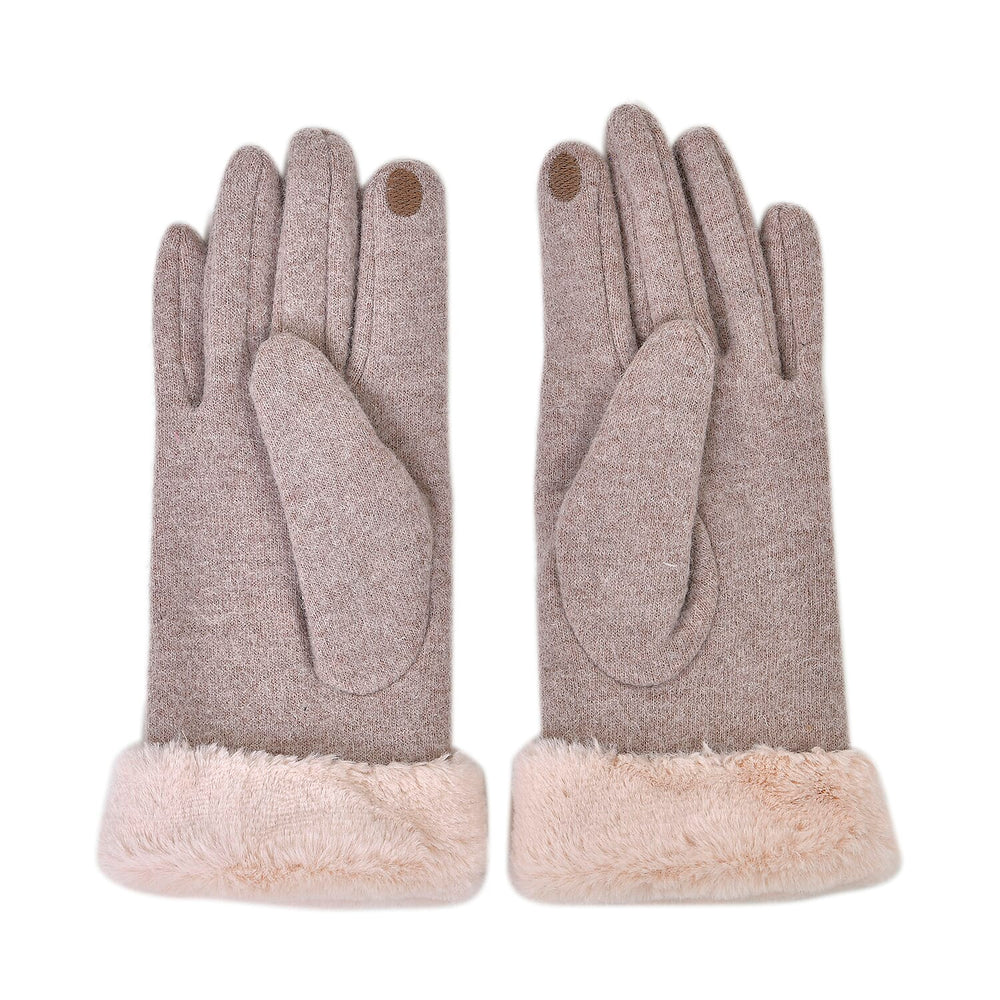 Cashmere Double Layer Gloves with Warm Fleece Interior & Faux Fur Trim (Touch Screen Usable)- Beige