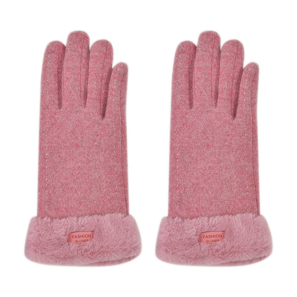 70% Cashmere Double Layer Gloves with Warm Fleece Interior & Faux Fur Trim - Pink
