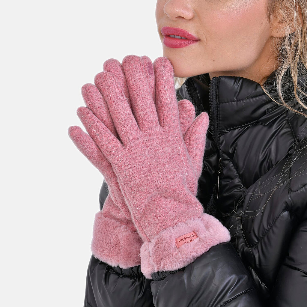 70% Cashmere Double Layer Gloves with Warm Fleece Interior & Faux Fur Trim - Pink