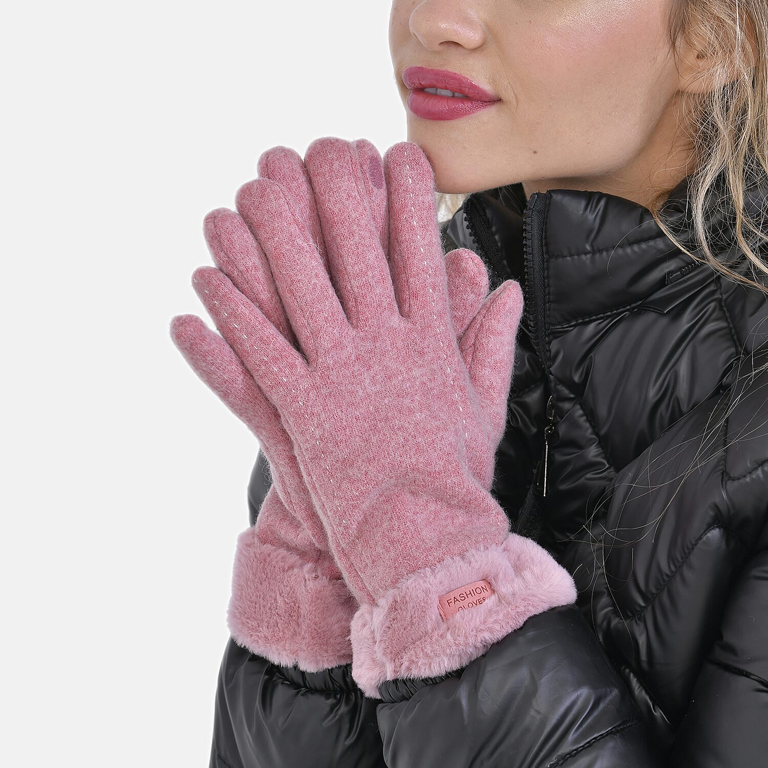 70% Cashmere Double Layer Gloves with Warm Fleece Interior & Faux Fur Trim - Pink