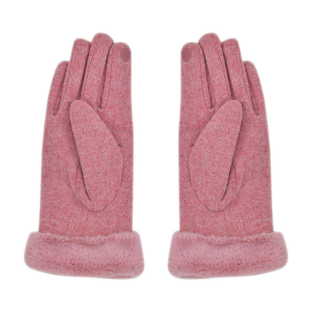 70% Cashmere Double Layer Gloves with Warm Fleece Interior & Faux Fur Trim - Pink