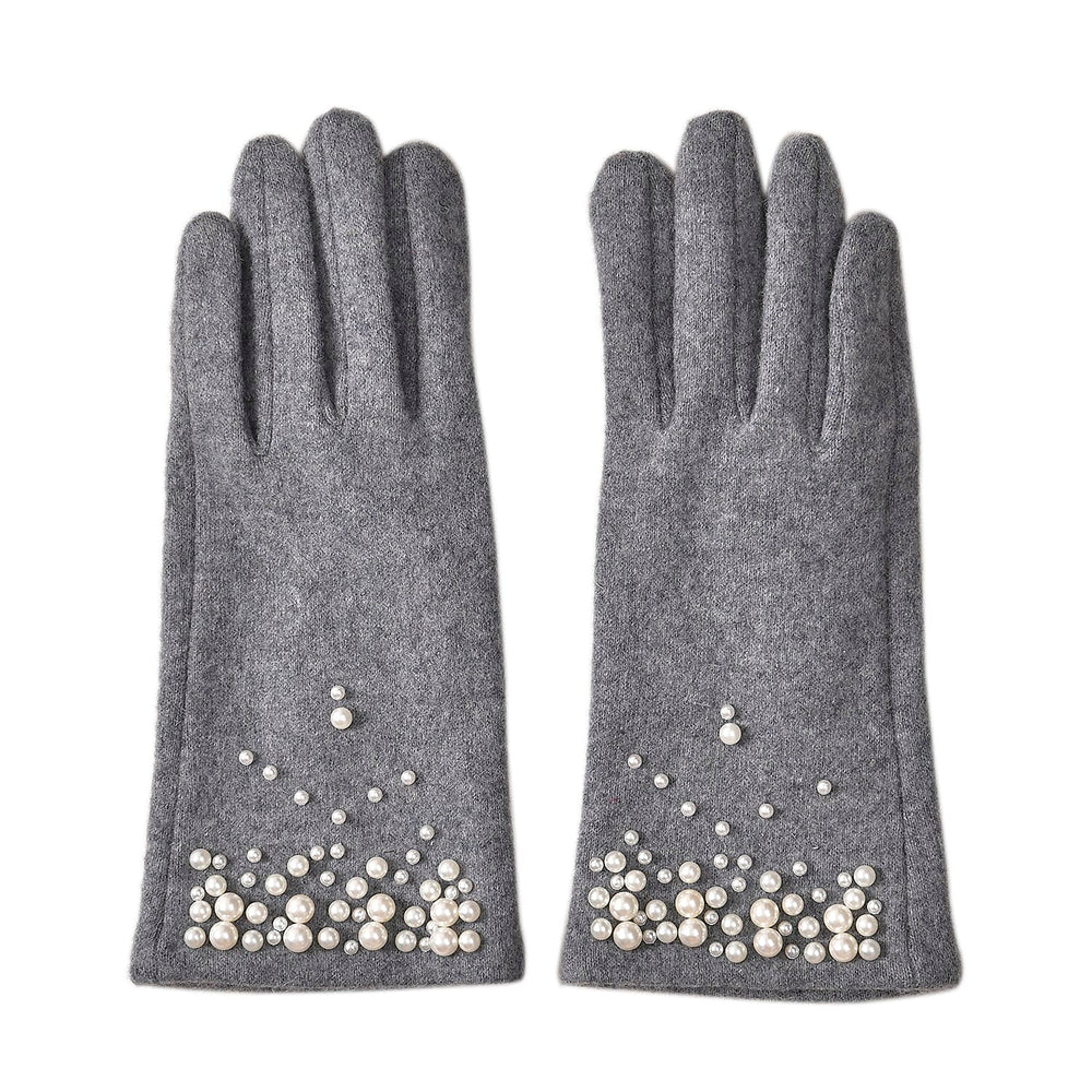 Cashmere Gloves Decorated with Shiny Beads & Touch Screen Function - Grey