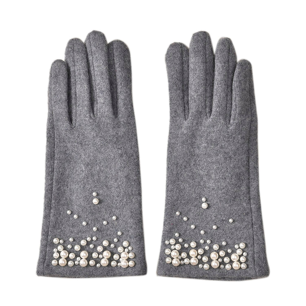 Cashmere Gloves Decorated with Shiny Beads & Touch Screen Function - Grey