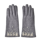 Cashmere Gloves Decorated with Shiny Beads & Touch Screen Function - Grey